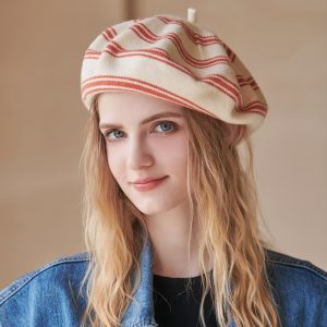 Women Casual Colorblock Stripe Knitted Hat Beret
