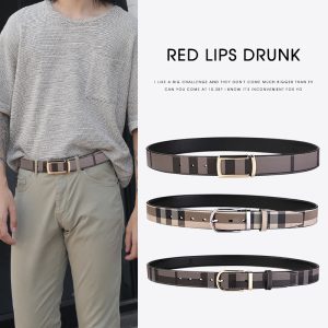 Men Fashion Plaid Casual Leather Pin Buckle Belt