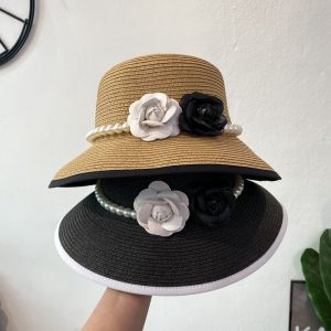 Women Elegant Pearl Floral Summer Sunscreen Black White Straw Hat