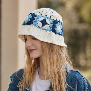 Women Autumn And Winter Cute Hand Crochet Knitted Floral Yarn Bucket Hat