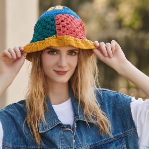 Women Cute Hollow Knitted Sweet Colorblock Wool Hat