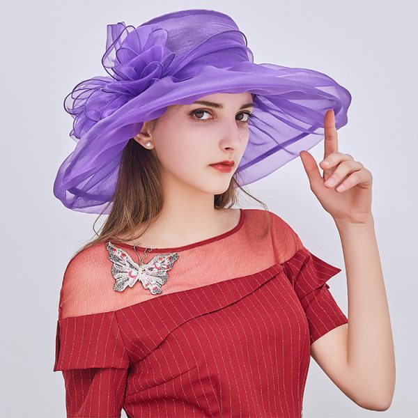 Women Fashion Double Layer Mesh Flowers Big Eaves Fedora