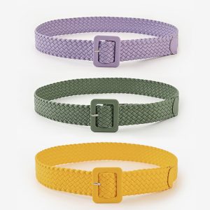 Women'S Fashion Candy Color Square Buckle Braided Wide Belt