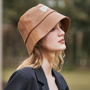 Women Fashion Simple Patch Pu Leather Bucket Hat