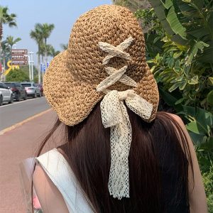 Women Solid Color Lace Bow Straw Woven Summer Sun Hat