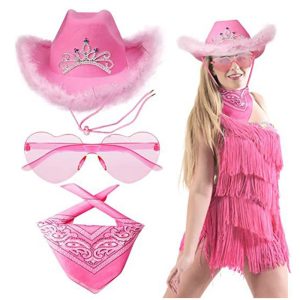 Feather Edge Letter Cowboy Hat Sequin Pink Western Raw Edge Cowboy Hat Glasses Square Scarf Three-Piece Set