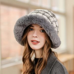 Women Winter Fashion Houndstooth Windproof Plush Bucket Hat