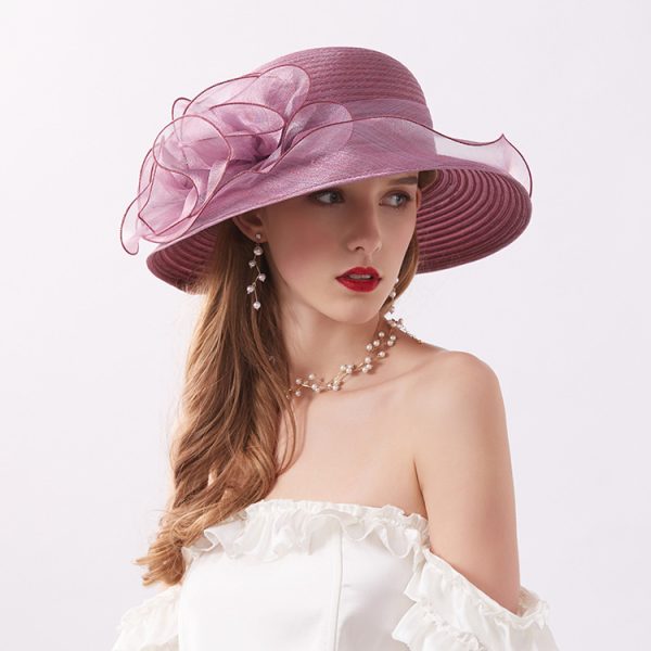 Women Fashion Mesh Flowers Decoration Big Eaves Fedora