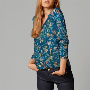 Women'S Cotton Loose Large Size V-Neck Floral Print Long-Sleeved Office Chic Blouses