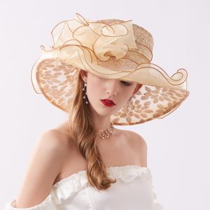 Women Fashion Mesh Sequins Flowers Decorated Big Eaves Fedora