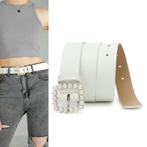 Women'S Fashion Casual Pearl Square Buckle Pin Buckle Belt
