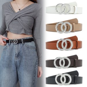 Women'S Fashion Casual Double Round Buckle Snap Buckle Belt
