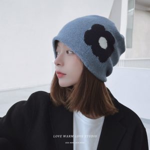 Women Sweet Floral Winter Warm Loose Knitted Beanie Hat