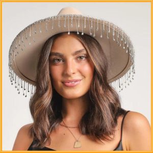 Women Fashion Vintage Elegant Rhinestone Tassel Flat Fedora Hat