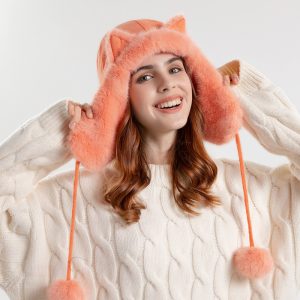 Women Cute Cartoon Solid Color Cat Ears Plush Cold-Proof Pompom Cap