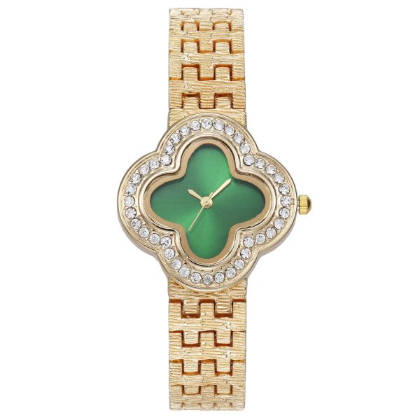 Women'S Fashion Gold Strap Four Leaf Clover Rhinestone Watch