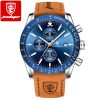 Men'S Fashion Business Blue Round Dial Waterproof Luminous Multifunctional Sports Leather Band Quartz Watch