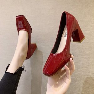 Women Fashion Basic Spring Square Toe Solid Color PU Chunky Heel Pumps Work Shoes