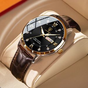 Men Fashion Round Dial Luminous Calendar Ultra Thin Genuine Leather Strap Quartz Watch