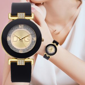Women'S Fashion Casual Rhinestone Round Dial Alloy Buckle Silicone Band Quartz Watch