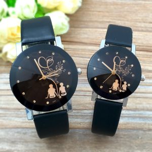 Fashion And Simple Black Round Dial Rhinestone Back Lovers Leather Band Watch