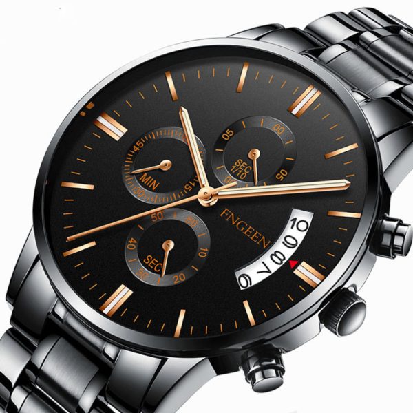 Men'S Fashion Business Round Dial Calendar Waterproof Luminous Sports Quartz Buckle Leather Band Watch