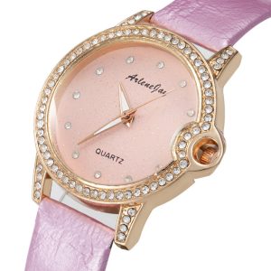Women'S Fashion Casual Solid Color Round Dial Rhinestone Alloy Pin Buckle Quartz Watch
