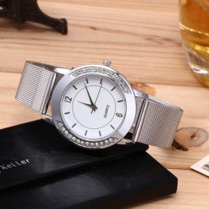 Men'S And Women'S Fashion Casual round dial Rhinestone Stainless Steel Band Quartz Watch