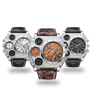Men'S Casual Fashion Personality Large Dial Dual Time Zone Belt Quartz Watch