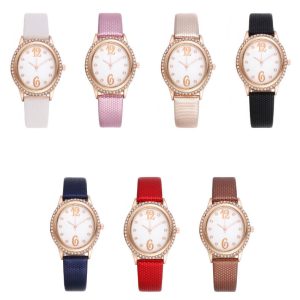 Women'S Fashion Casual Rhinestone Oval Dial Stainless Steel Pin Buckle Leather Band Quartz Watch