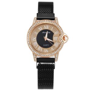 Women'S Fashion Casual Personality Rhinestone Roman Numeral Round Dial Quartz Watch