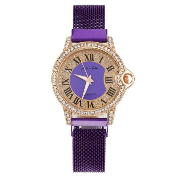 Women'S Fashion Casual Personality Rhinestone Roman Numeral Round Dial Quartz Watch