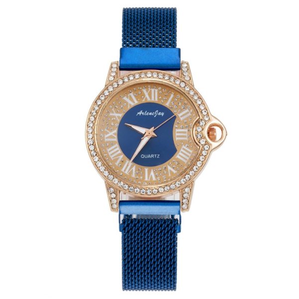 Women'S Fashion Casual Personality Rhinestone Roman Numeral Round Dial Quartz Watch