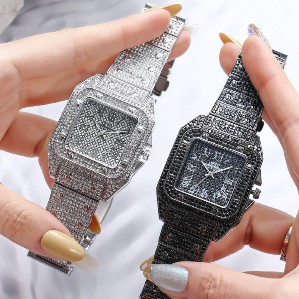 Women'S Fashion Roman Scale Full Diamond Band Date Stone Steel Band Watch