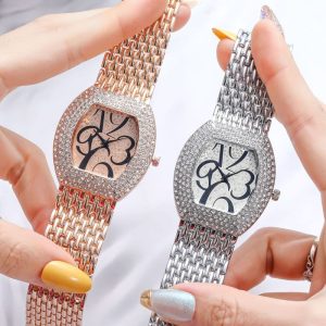 Women'S Fashion Tonneau Shape Full Diamond Large Number Dial Steel Strap Watch