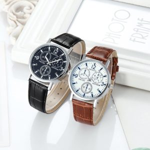 Men'S Casual Fashion Round Dial Leather Band Quartz Watch