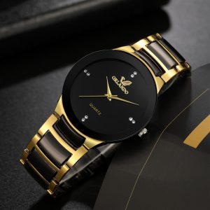 Men'S Fashion Business Rhinestone Round Dial Single Folding Buckle Stainless Steel Band Watch