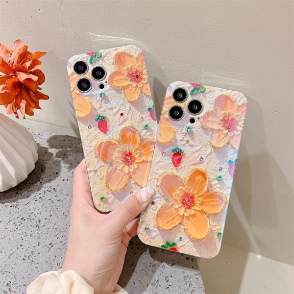 Fashion Personality Rhinestone Oil Painting Floral Silicone Apple Case