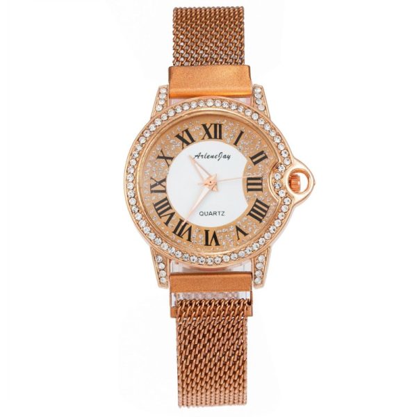 Women'S Fashion Casual Personality Rhinestone Roman Numeral Round Dial Quartz Watch