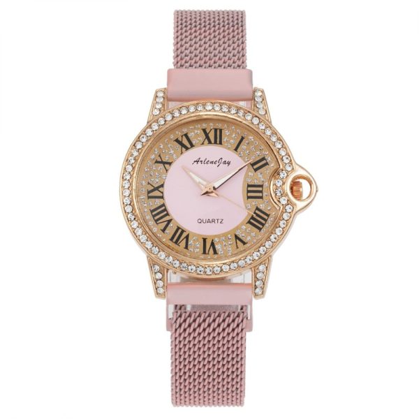 Women'S Fashion Casual Personality Rhinestone Roman Numeral Round Dial Quartz Watch