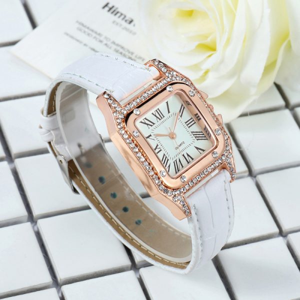 Women'S Fashion Casual Rhinestone Starry Square Dial Temperament Leather Band Watch