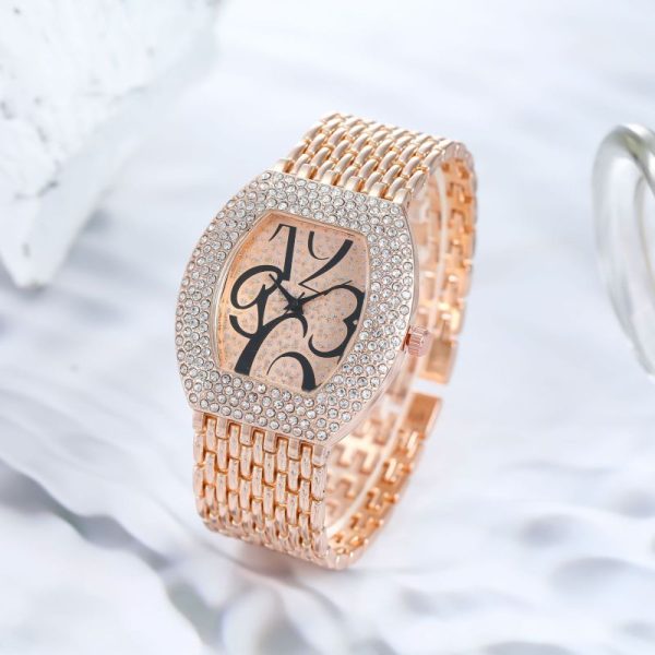 Women'S Fashion Tonneau Shape Full Diamond Large Number Dial Steel Strap Watch