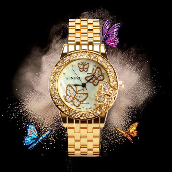 Women'S Fashion Personality Round Dial Rhinestone Butterfly Steel Band Quartz Watch