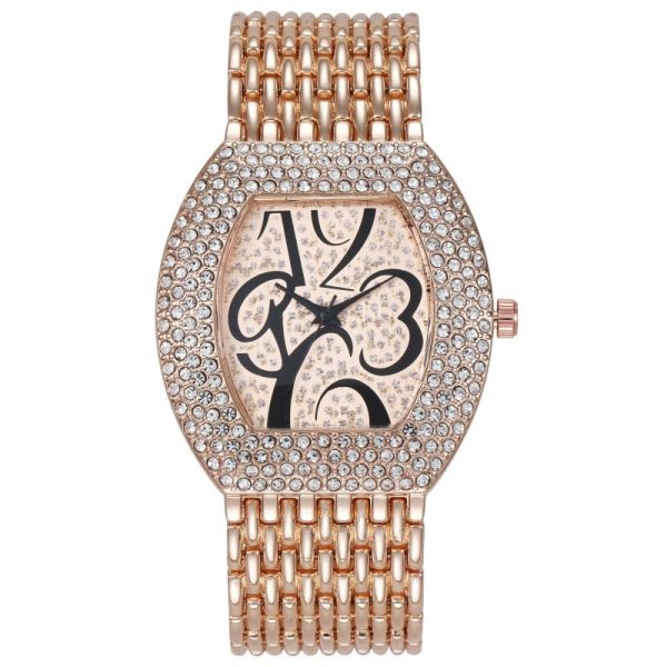 Women'S Fashion Tonneau Shape Full Diamond Large Number Dial Steel Strap Watch