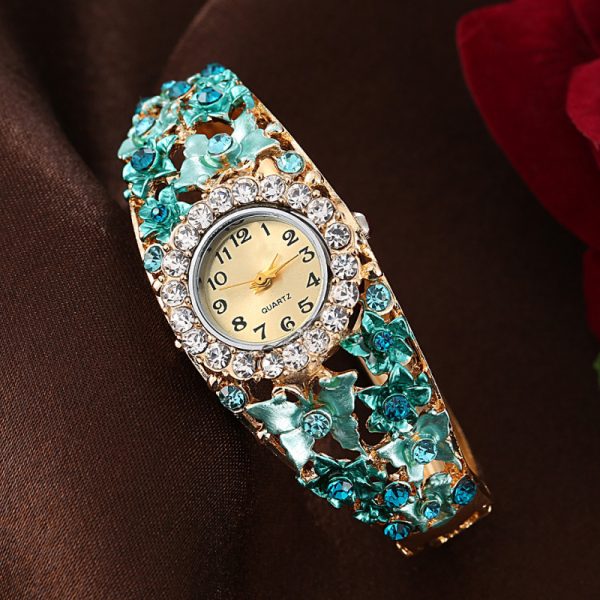 Women'S Fashion Casual Rhinestone Round Dial Floral Bracelet Watch