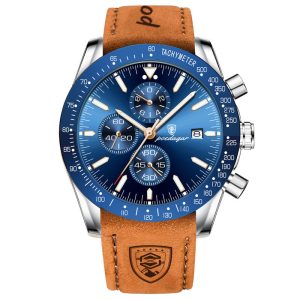Men'S Fashion Business Blue Round Dial Waterproof Luminous Multifunctional Sports Leather Band Quartz Watch