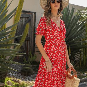 Summer Sexy V-Neck Chiffon Floral Print Bohemian Beach Vacation Women Sweet Dress