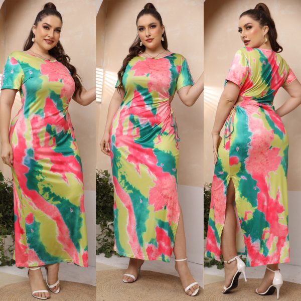 Women Fashion Sexy Tie-Dye Printing Slit Short-Sleeved Plus Size Dress