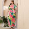 Women Fashion Sexy Tie-Dye Printing Slit Short-Sleeved Plus Size Dress