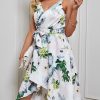 Summer Sweet Floral Printing Women Irregular Sexy V-Neck Tie Slit Dress